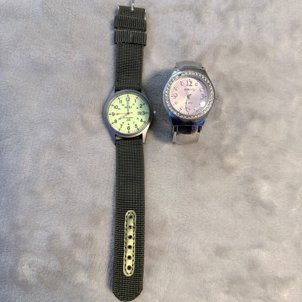 2 Watch Lot Overload Rhinestone Pink Cuff SOKI Field Quartz Untested